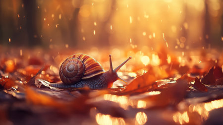 A captivating view of a snail crawling on wet autumn leaves, illuminated by soft morning light with sparkling dewdrops, evoking a serene forest atmosphere.の素材