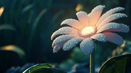 A captivating closeup of a flower adorned with dew drops, illuminated by gentle morning light, highlighting the beauty and tranquility of nature in a lush setting.の素材