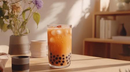A stunning glass of bubble tea filled with tapioca pearls and ice, creating a refreshing beverage perfect for any moment in a cozy, sunlit environment.の素材