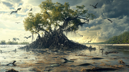 A stunning view of a mangrove tree with robust roots rising from calm waters, surrounded by a dramatic sky filled with birds, evoking tranquility and wilderness.の素材