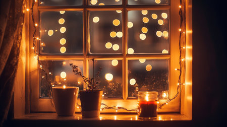 A serene winter evening scene featuring a window adorned with twinkling string lights and softly glowing candles, creating a warm and inviting atmosphere perfect for relaxation.の素材