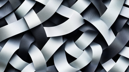 This abstract image features a complex arrangement of ribbons in black and white, offering a visually striking background suitable for various creative projects and modern designs.の素材