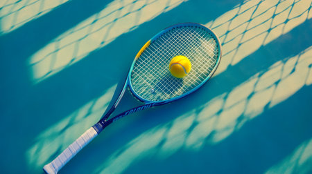 A tennis racket rests on a colorful court beside a yellow ball, creating an energetic scene with shadows. The vibrant hues capture the essence of sport and leisure.の素材