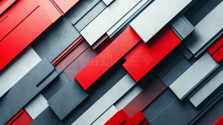 Vibrant abstract geometric composition featuring layered shapes in red, gray, and white hues that adds a modern touch to creative projects and designs.の素材