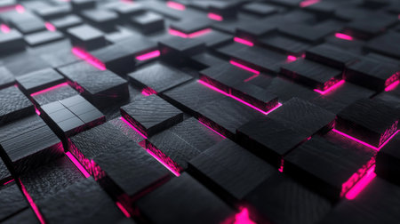 A captivating abstract background featuring dark textured squares with vibrant pink glowing lines, perfect for enhancing modern digital and artistic projects.の素材