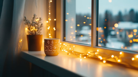 A serene winter scene featuring a glowing cup, a potted plant, and twinkling lights on a windowsill, creating a cozy atmosphere against a snowy backdrop.の素材