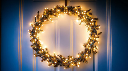 A beautifully crafted wreath adorned with warm lights, bringing a cozy and inviting ambiance perfect for the winter season and holiday celebrations.の素材