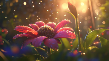 A stunning close-up image of a pink flower adorned with dew drops, illuminated by golden sunlight in a serene garden setting, creating a magical atmosphere.の素材