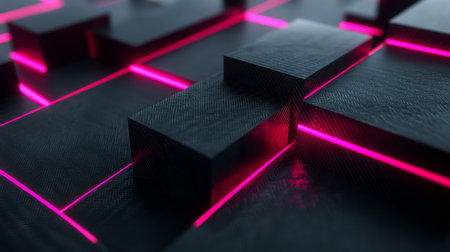 This stunning abstract 3D rendering features geometric shapes highlighted by vibrant pink neon lights against a dark textured backdrop, ideal for modern design projects.の素材