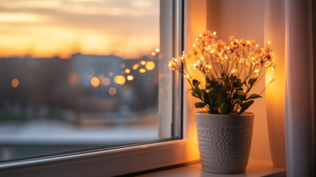 A beautiful arrangement of flowers in a pot, illuminated by warm fairy lights in a sunlit window, brings a cozy and serene evening ambiance to any indoor space.の素材
