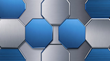 A striking modern background featuring geometric octagonal shapes in blue and silver, perfect for graphic design projects, digital art, and stylish presentations.の素材