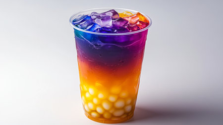 Refreshing colorful beverage with vibrant layers of purple and yellow served in a clear cup with ice and tapioca pearls. Perfect for summer parties or a unique drink experience.の素材