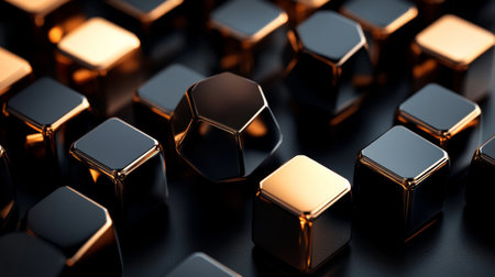 An intricate arrangement of metallic shapes featuring shiny black cubes and a golden pentagonal figure, highlighting modern design and artistic elegance in a captivating display.の素材