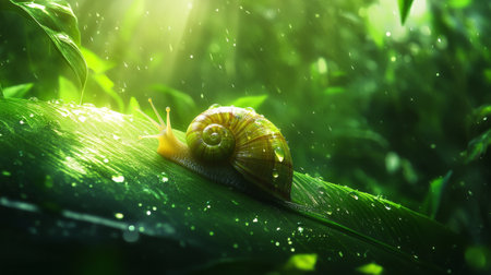 A detailed close-up of a snail gracefully moving on a leaf in a tranquil forest, surrounded by vibrant greenery and softly illuminated by gentle light.の素材