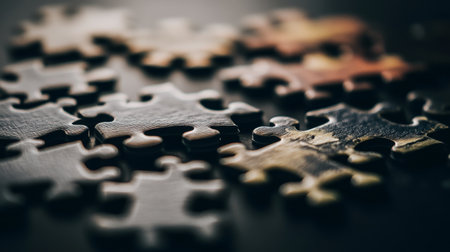 A close-up image showcasing interlocking puzzle pieces on a dark surface, emphasizing texture, color variations, and subtle light reflections to create an intriguing atmosphere.の素材