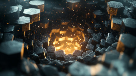 This image features an abstract hexagonal structure with a glowing center, surrounded by shimmering particles, creating a captivating futuristic ambiance and depth.の素材