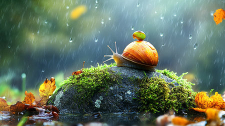 A delightful image showcasing a snail perched on a moss-covered rock with a leaf atop its shell, set in a serene forest during a gentle rain, highlighting nature's beauty.の素材