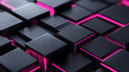 Detailed abstract background featuring textured black blocks with striking pink neon accents, ideal for showcasing technology, modern art, or digital designs.の素材