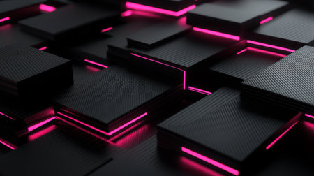 A striking abstract image featuring dark textured squares with vibrant glowing pink lines, ideal for technology-focused visuals, digital art, and modern design projects.の素材