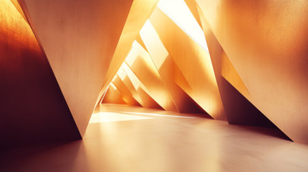 Explore a stunning interior space featuring abstract geometric shapes and warm golden tones. This modern design showcases creativity and light, perfect for artistic inspiration.の素材