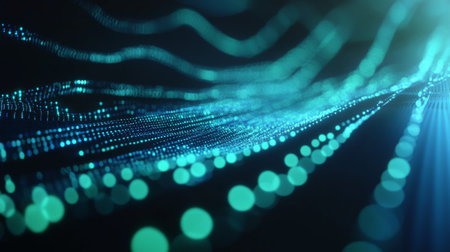 Stunning digital wave pattern featuring glowing particles in vibrant colors set against a dark background, ideal for themes of technology, data visualization, and modern creativity.の素材