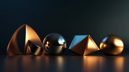 Discover an elegant composition of various geometric shapes with a metallic finish, reflecting light beautifully, creating an appealing abstract visual for design projects.の素材