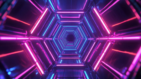 Experience the allure of a neon-lit tunnel, showcasing striking hexagonal shapes and vibrant reflections that create an energetic atmosphere perfect for digital art projects.の素材