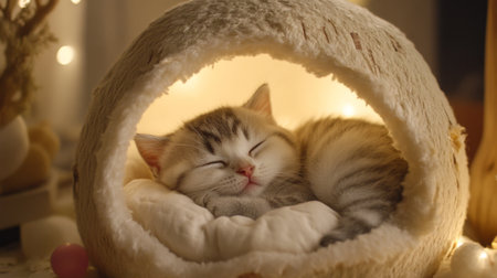 Cute kitten sleeping peacefully in a cozy bed, surrounded by soft textures and warm lights, creating a serene and heartwarming scene perfect for pet lovers.の素材