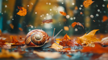 A detailed view of a snail traversing vibrant autumn leaves, surrounded by falling leaves and raindrops, beautifully illustrating seasonal change and nature's colors.の素材