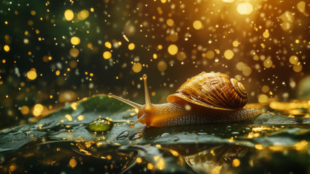 A stunning macro shot of a snail resting on a leaf with mesmerizing bokeh lights in the background, creating a dreamlike atmosphere in nature.の素材
