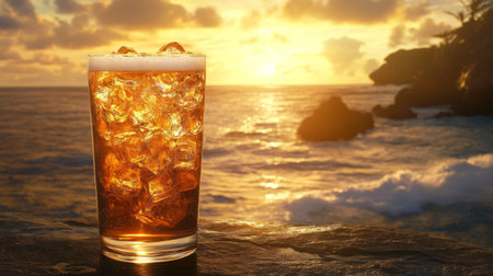 A refreshing glass of beverage filled with ice cubes sits in front of a stunning sunset over the ocean, creating a perfect scene for relaxation and enjoyment of summer vibes.の素材