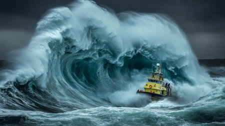 A tugboat battles against colossal waves in a dramatic maritime scene, showcasing the power of nature and the resilience of sea vessels during stormy conditions.の素材