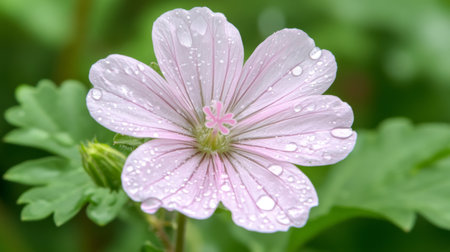 A stunning close-up of a delicate pink flower adorned with water droplets, set against vibrant green foliage, capturing the essence of a fresh, dewy morning in nature.の素材