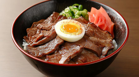 Experience a mouthwatering bowl of tender beef slices paired with a soft-boiled egg, fresh vegetables, and steamed rice, evoking authentic Japanese cuisine and culinary delight.の素材