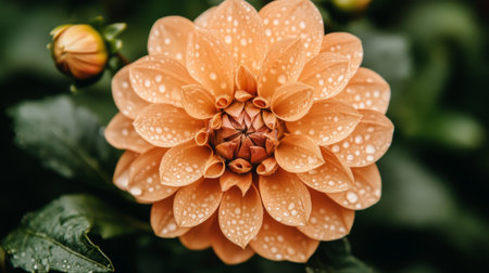 A stunning close-up of a peach dahlia flower adorned with dew drops, set against lush green leaves, beautifully illustrating nature's intricate details and vibrant colors.の素材