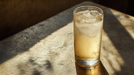 A glass filled with a refreshing cold drink and ice cubes sits on a rustic table, illuminated by soft natural light, creating a perfect summer moment ideal for relaxation.の素材