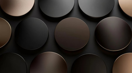 A stunning arrangement of glossy circular surfaces in rich black, brown, and gold hues, perfect for background designs, showcasing elegance and modern aesthetics in creative projects.の素材