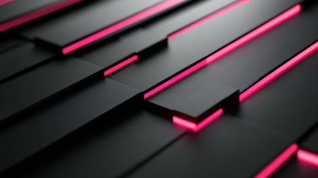 This striking abstract image features black panels illuminated by vibrant neon pink light strips, perfect for modern design projects and creative concepts.の素材