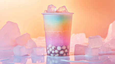 A vibrant and refreshing drink featuring colorful layers, topped with ice cubes, surrounded by ice, perfect for summer celebrations and photography projects.の素材
