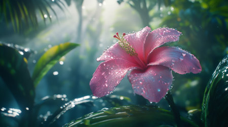 A stunning pink hibiscus flower glistens with dewdrops, framed by rich green leaves and bathed in soft light, capturing the beauty of a tropical paradise.の素材