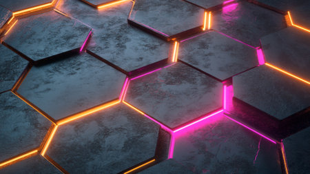 This image features an abstract hexagonal pattern with vibrant neon glow effects illuminating a dark surface, perfect for modern art projects, digital designs, and creative backgrounds.の素材