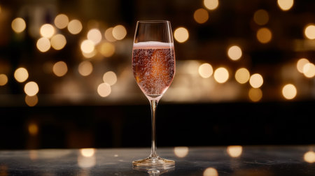 A sophisticated glass filled with sparkling rose beverage, featuring effervescent bubbles, set against a backdrop of warm, glowing lights, perfect for festive celebrations.の素材
