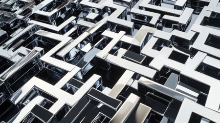 A captivating abstract maze crafted from smooth chrome surfaces, reflecting light and creating intricate geometric patterns for modern design applications.の素材
