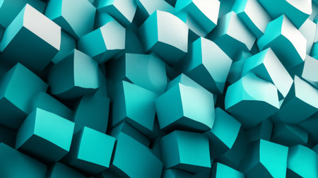 Explore a captivating abstract background featuring 3D turquoise cubes that create a dynamic texture and visually engaging composition ideal for creative projects and modern art.の素材