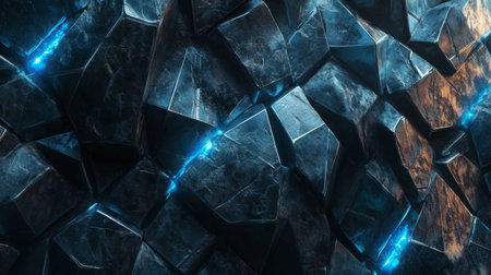 Close-up view of an abstract rock formation showcasing sharp edges and unusual textures, illuminated by contrasting blue light, suitable for creative and design projects.の素材
