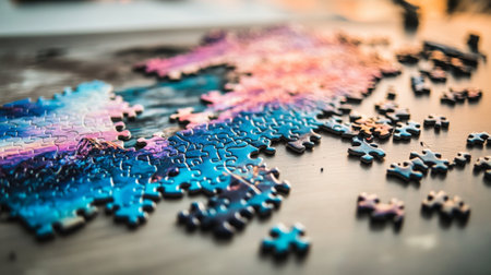 A beautifully arranged assortment of vibrant puzzle pieces scattered on a wooden surface, capturing the artistic details and colors, perfect for illustrating creativity and relaxation.の素材