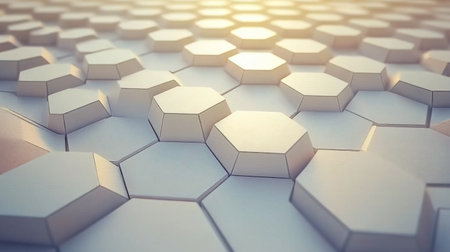 Explore a captivating abstract hexagonal pattern featuring a three-dimensional design with soft lighting, creating an elegant minimalist backdrop for modern digital art and graphics.の素材