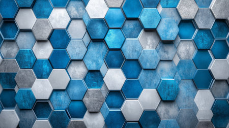 A visually striking abstract background featuring hexagonal tiles in varying shades of blue, gray, and silver. Ideal for modern design and inspiring creative projects.の素材