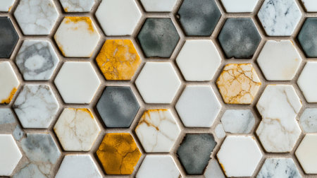 This close-up image features a beautifully arranged hexagonal marble tile pattern in shades of white, gray, and yellow, perfect for inspiring modern interior decor ideas.の素材