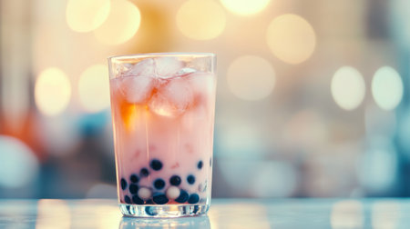 A vibrant glass of bubble tea filled with ice cubes and colorful boba pearls, beautifully presented against a blurred light background, perfect for refreshment.の素材